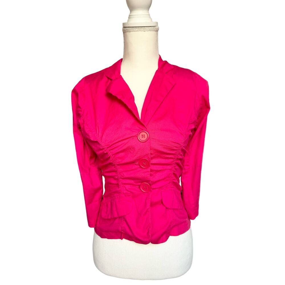 Vintage Vixen Hot Pink Cotton 3/4 Sleeves Shoulder Pads Cropped Blazer Blouse